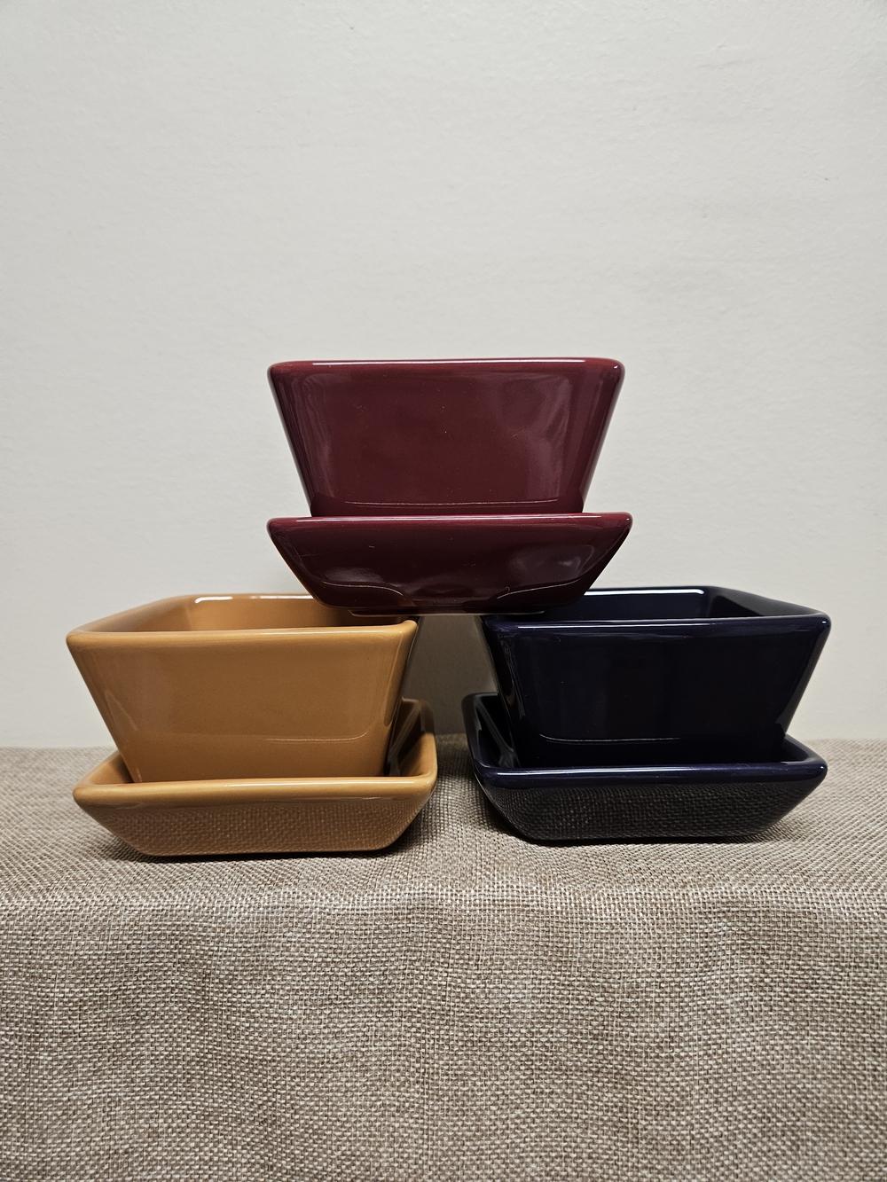 Pampered Chef Ceramic Snack Set in Burgundy, Mustard, and Navy